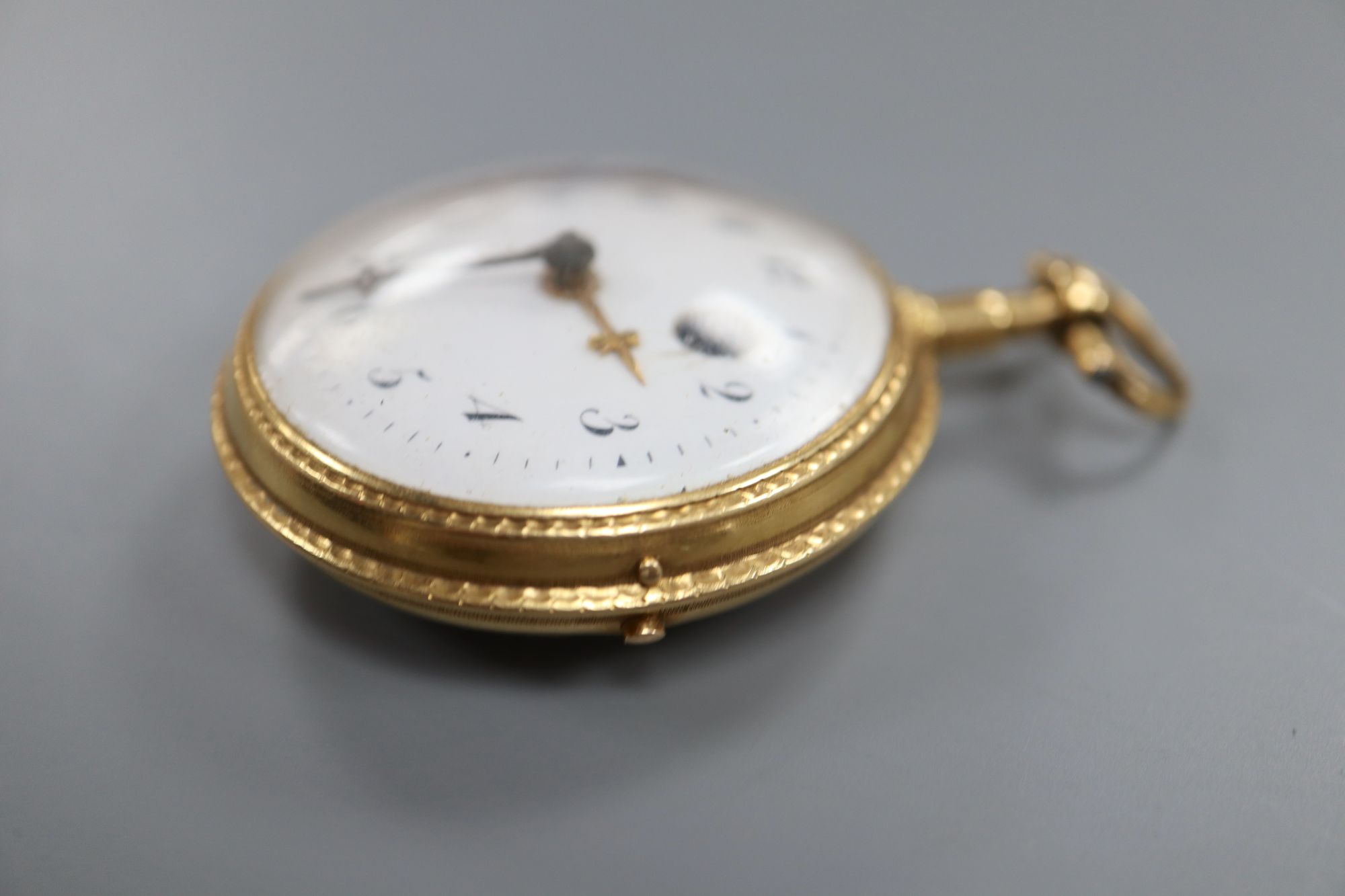 A 19th century French yellow metal open face keywind pocket watch by Guye le Jne? a Paris,